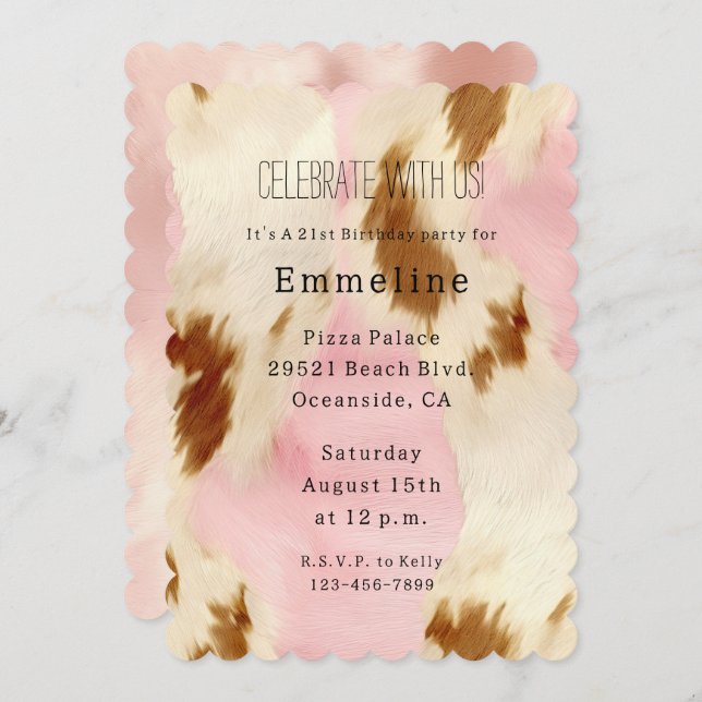 Blush Pink Cream White Brown Cowhide Invitation (Front/Back)