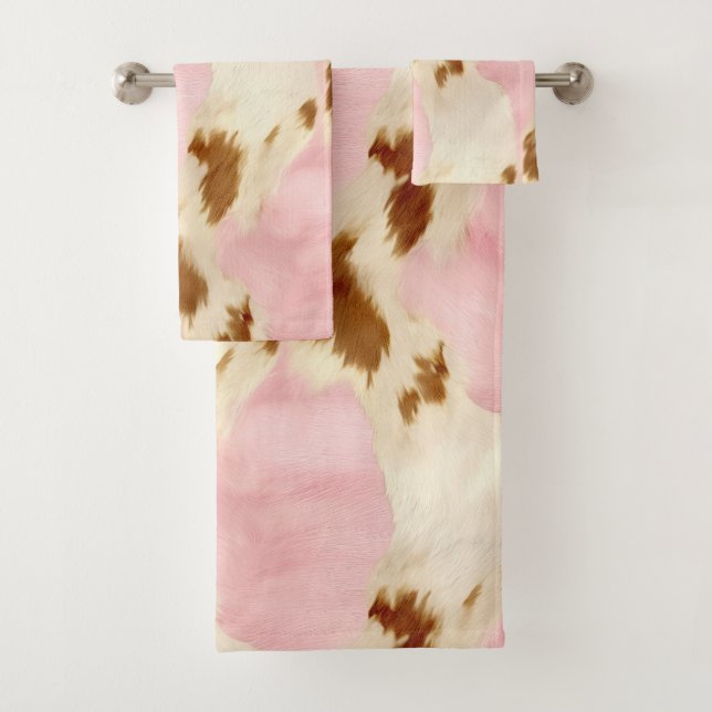 Blush Pink Cream White Gold Cowhide Bath Towel Set (Insitu)