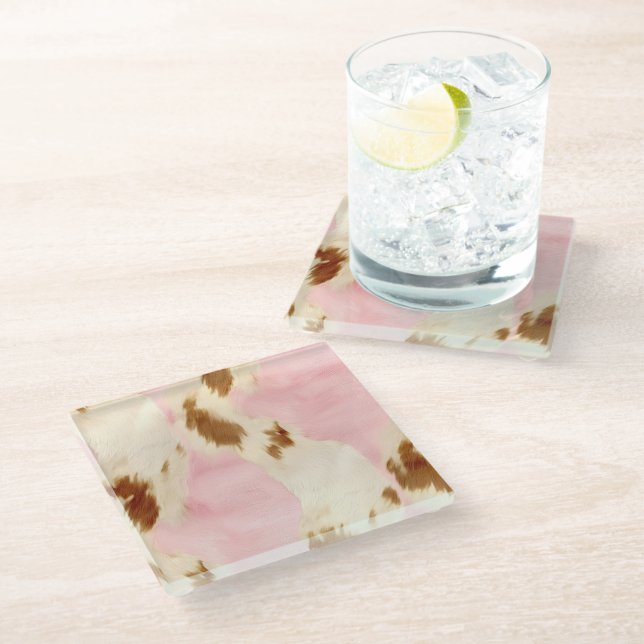 Blush Pink Cream White Gold Cowhide Glass Coaster (Angled)