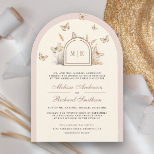Blush Pink Cream Wildflower Butterfly Arch Wedding Invitation
