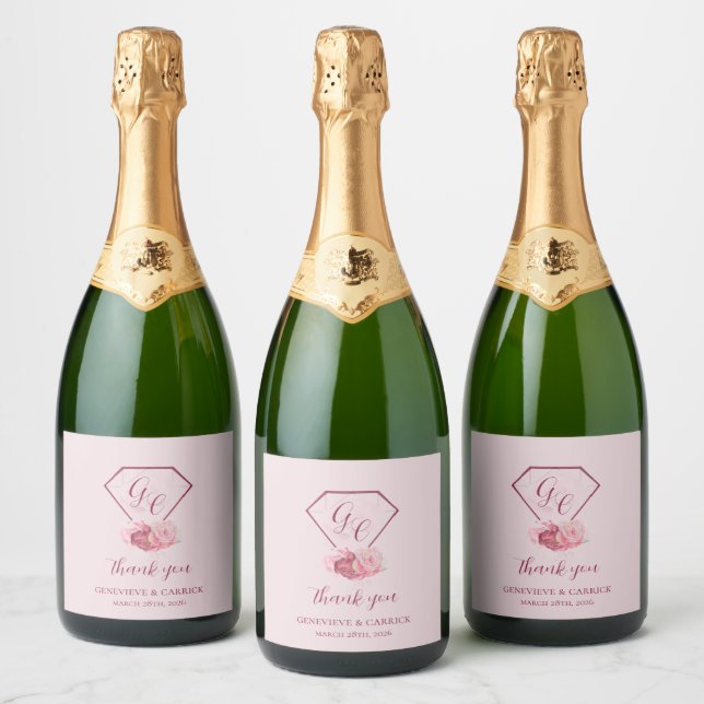 Blush Pink & Crimson Red Wedding  Sparkling Wine Label (Bottles)