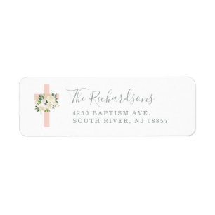 Blush Pink Cross and White Flowers Baptism Return Address Label