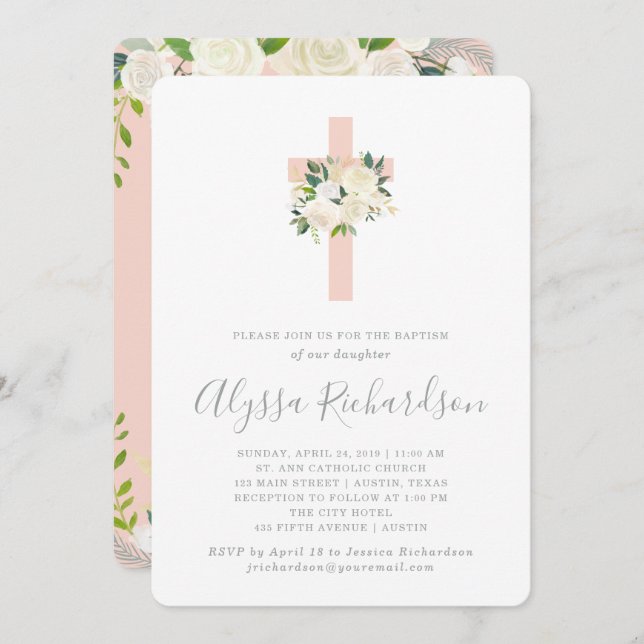 Blush Pink Cross and White Flowers | Girl Baptism Invitation (Front/Back)