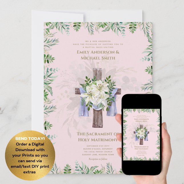 Blush Pink Cross Catholic Nuptial Mass Wedding Invitation (Creator Uploaded)
