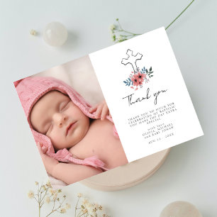 Blush Pink Cross Floral Photo Baptism Thank You Card