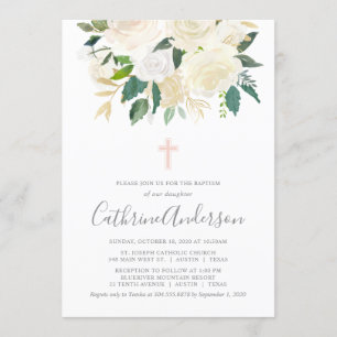 Blush Pink Cross with Cream Florals, Girl Baptism Invitation