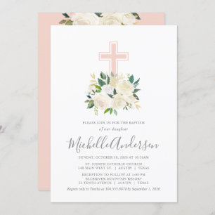 Blush Pink Cross with Cream Florals, Girl Baptism Invitation