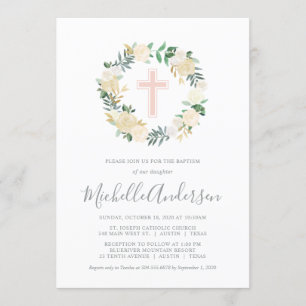 Blush Pink Cross with Cream Florals, Girl Baptism Invitation