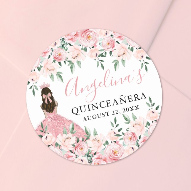 Blush Pink Crown Floral Quinceanera Classic Round Sticker (Blush Pink Crown Floral Quinceanera Classic Round Sticker )