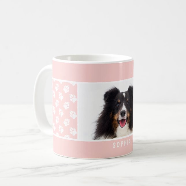 Blush Pink Custom Pet Photo With White Paws & Name Coffee Mug (Front Left)