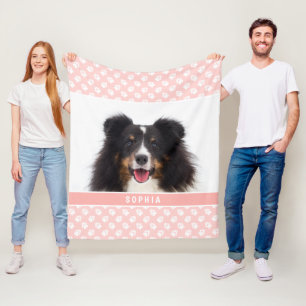 Blush Pink Custom Pet Photo With White Paws & Name Fleece Blanket