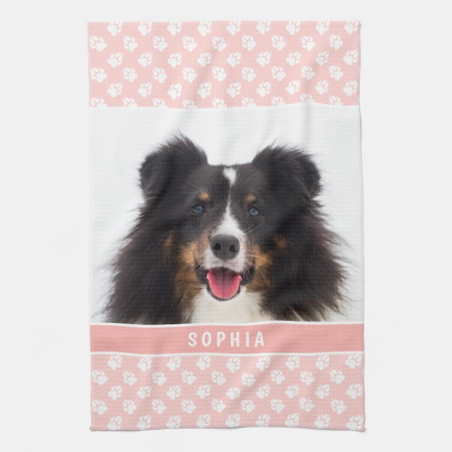 Blush Pink Custom Pet Photo With White Paws & Name Tea Towel (Vertical)