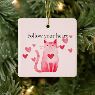 Blush Pink Cute Cat Hearts  Ceramic Ornament