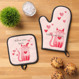 Blush Pink Cute Cat Hearts  Oven Mitt & Pot Holder Set