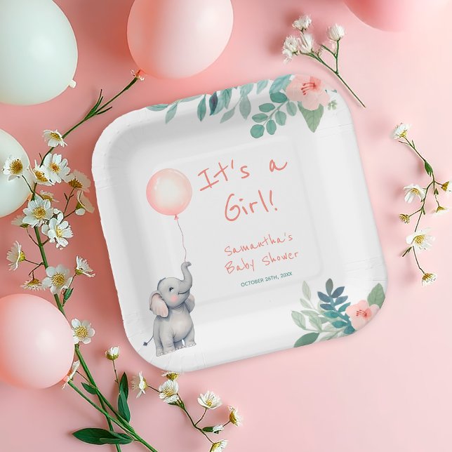 Blush Pink  Cute Elephant  Balloon Baby Shower Paper Plate (Creator Uploaded)