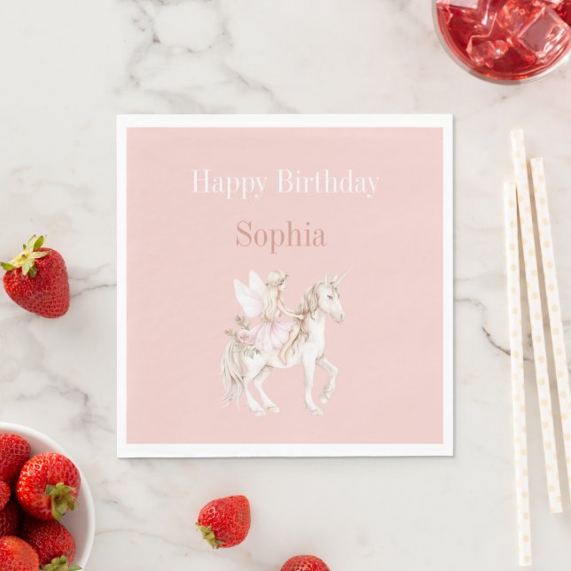Blush Pink Cute Fairy Wings Dress Unicorn Birthday Napkin (Insitu)