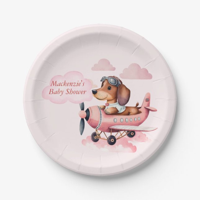 Blush Pink Dachshund Plane Baby Shower  Paper Plate (Front)