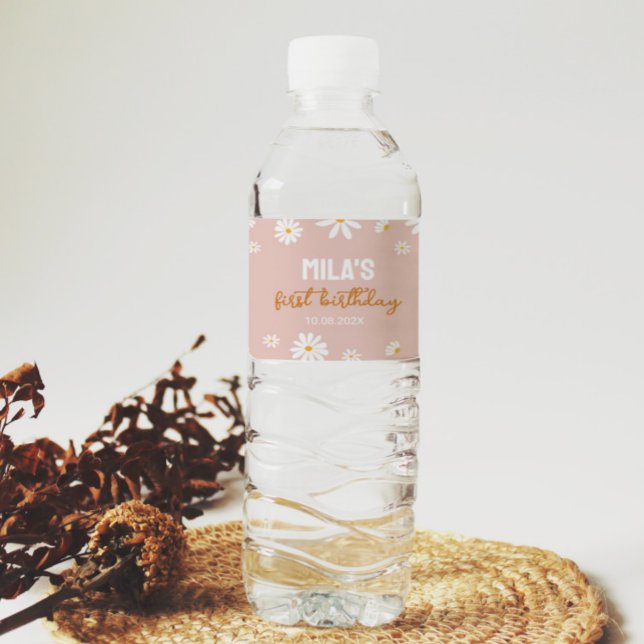 Blush Pink Daisy Birthday Water Bottle Label (Creator Uploaded)