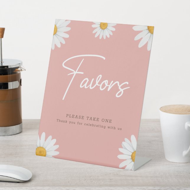 Blush Pink Daisy Floral Baby Shower Favors Pedestal Sign (In SItu)