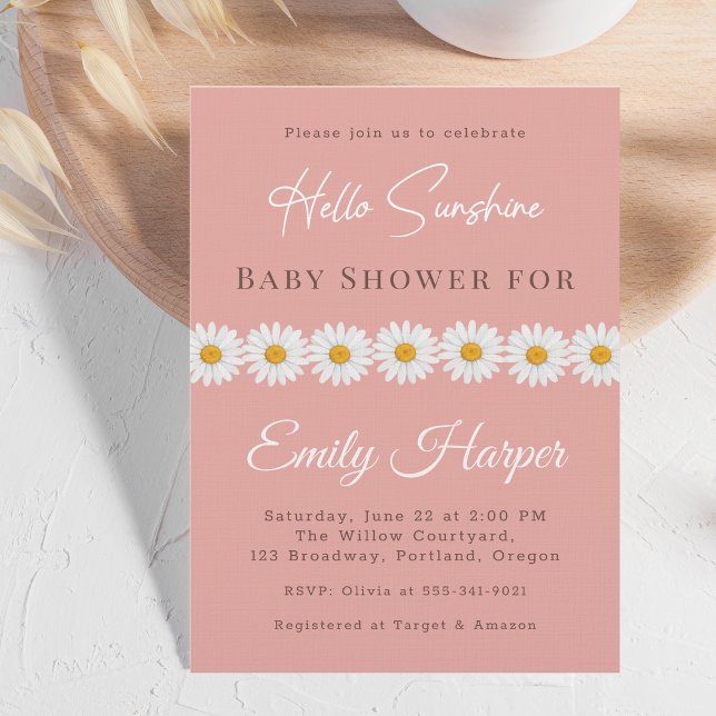 Blush Pink Daisy Hello Sunshine Floral Baby Shower Invitation (Creator Uploaded)