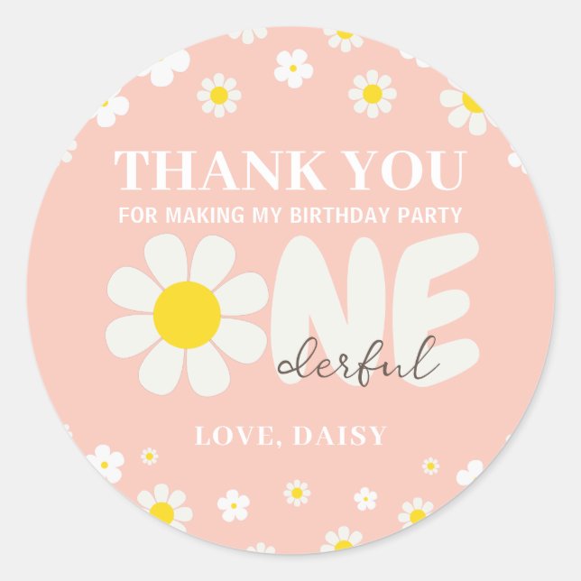 Blush Pink Daisy OneDerful Thank you Birthday Classic Round Sticker (Front)