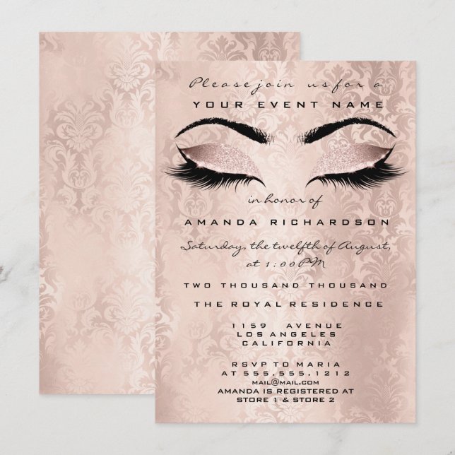 Blush Pink Damask Makeup Glitter Eyes 16th Bride Invitation (Front/Back)