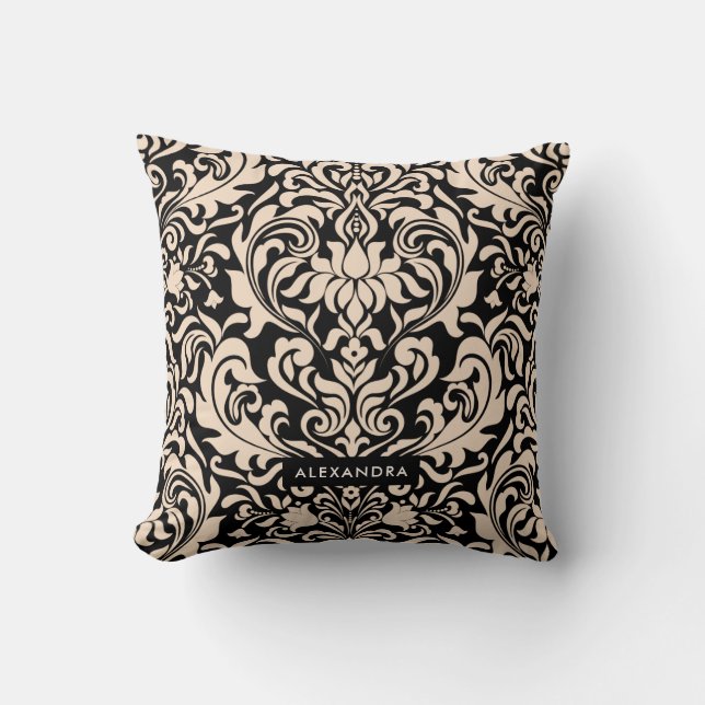 Blush Pink Damask on Black Cushion (Front)