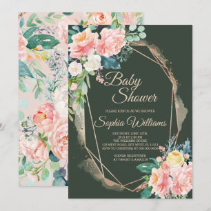 Blush Pink, Dark Green & Gold Baby Shower Invitation