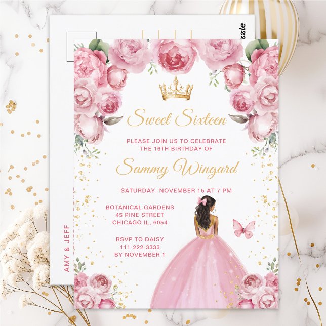 Blush Pink Dark Skin Princess Sweet Sixteen Postcard (Creator Uploaded)