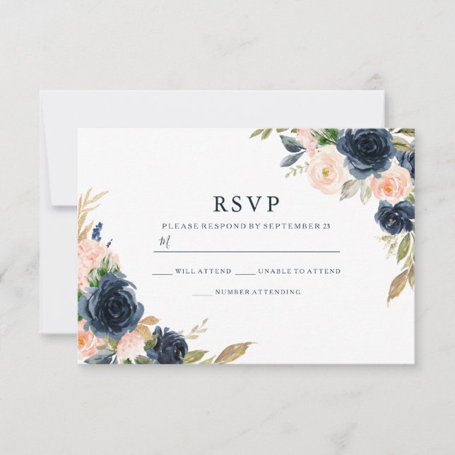 Blush Pink & Deep Navy Elegant Spring Wedding RSVP Card (Front)