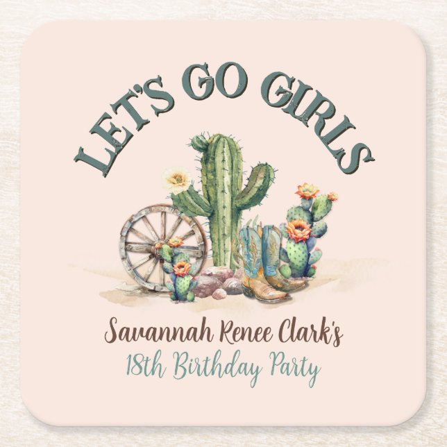 Blush Pink Desert Cactus Theme Party Keepsake Square Paper Coaster (Front)