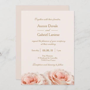 Blush Pink Dewy Roses Floral Ivory Gold Wedding Invitation