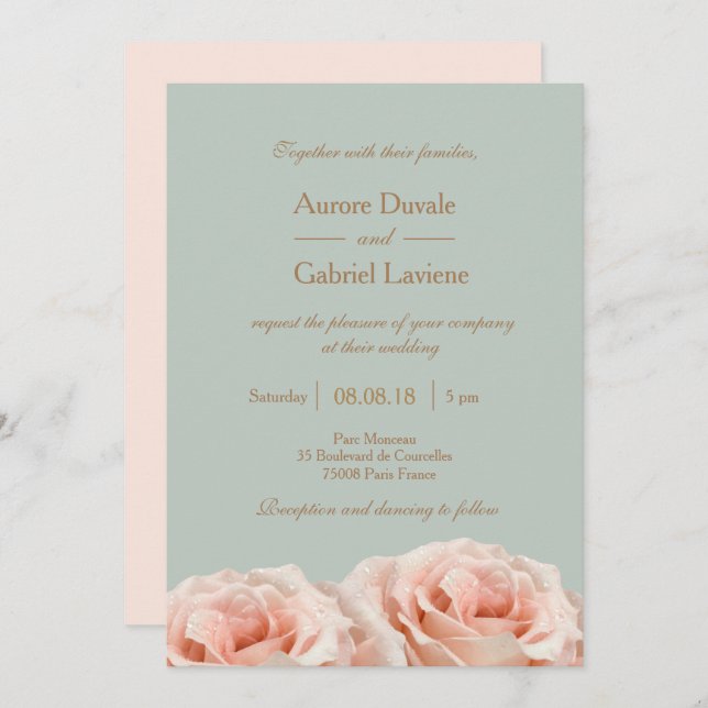 Blush Pink Dewy Roses Floral Sage Gold Wedding Invitation (Front/Back)