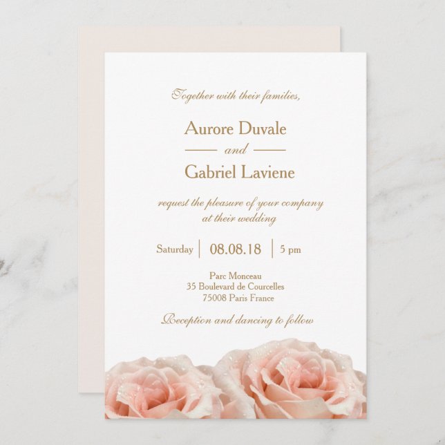 Blush Pink Dewy Roses Floral White Gold Wedding Invitation (Front/Back)