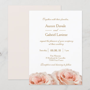 Blush Pink Dewy Roses Floral White Gold Wedding Invitation