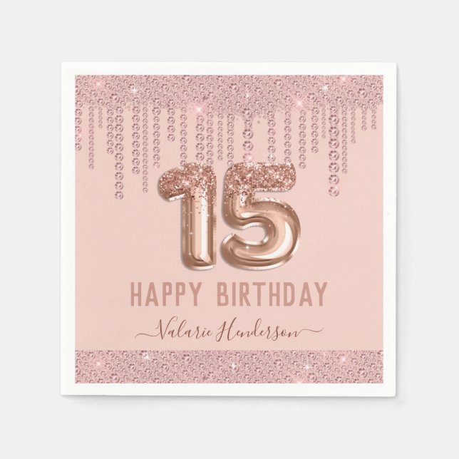 Blush Pink Diamond Drips Happy 15th Birthday Napkin (Front)