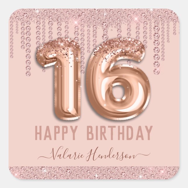 Blush Pink Diamond Drips Happy 16th Birthday Square Sticker (Front)
