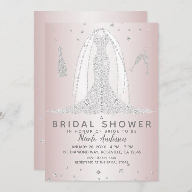 Blush Pink  Diamond Wedding Dress Bridal Shower Invitation (Front/Back)