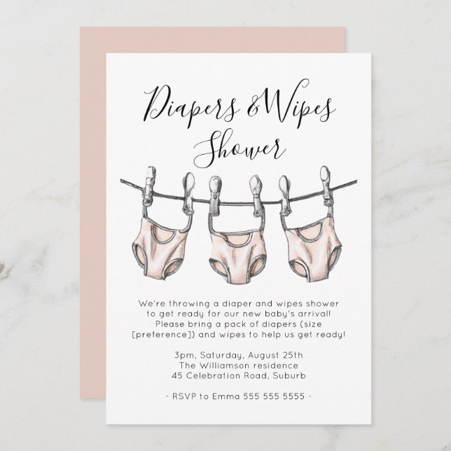 Blush Pink Diapers & Wipes Girl Baby Shower Invitation (Front/Back)