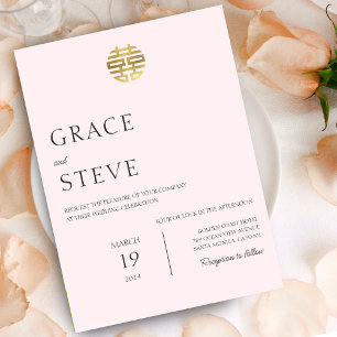 Blush Pink Double Happiness Chinese Korean Wedding Invitation