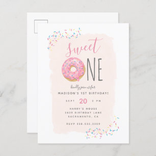 Blush   Pink Doughnut Sprinkle Sweet 1st Birthday Invitation Postcard