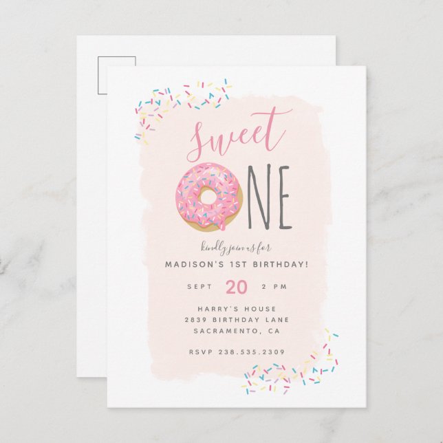 Blush | Pink Doughnut Sprinkle Sweet 1st Birthday Invitation Postcard (Front/Back)