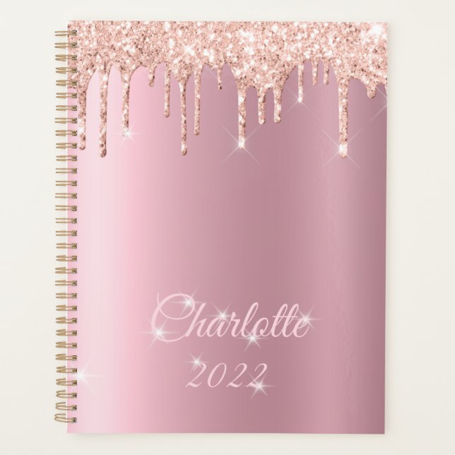 Blush Pink Drip Glitter Sparkle Girly Monogram Pla Planner (Front)
