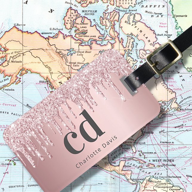 Blush pink drips monogram name gray luggage tag (Creator Uploaded)