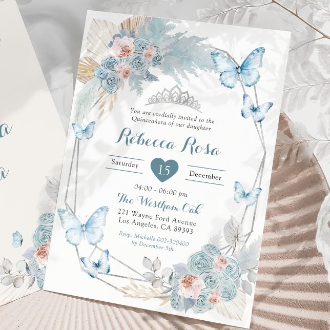 Blush Pink Dusty Blue Butterfly Royal Quinceañera Invitation (Creator Uploaded)