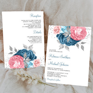 Blush Pink Dusty Blue Floral All in One Wedding Invitation