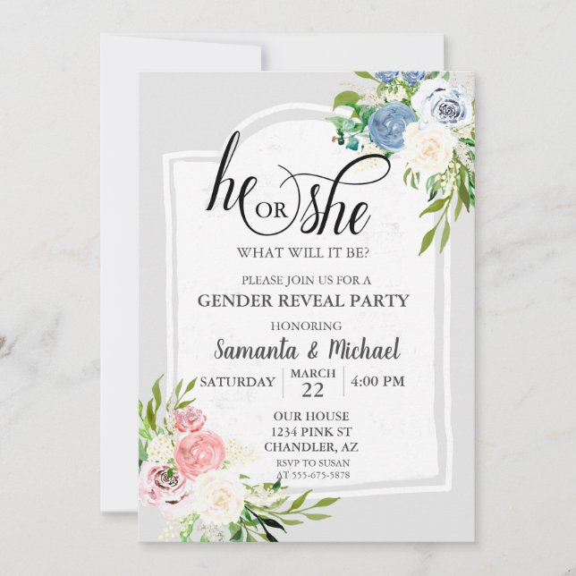 Blush Pink Dusty Blue Floral Gender Reveal Party Invitation (Front)