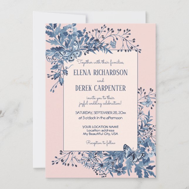 Blush Pink, Dusty Blue Floral Watercolor Wedding Invitation (Front)