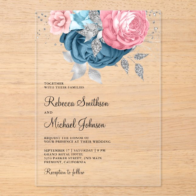 Blush Pink Dusty Blue Floral Wedding Acrylic Invitations (Front)