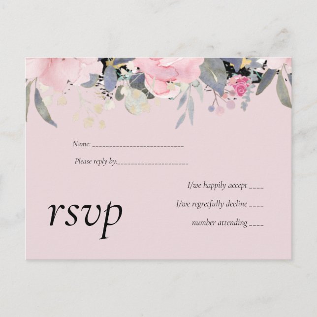 Blush Pink Dusty Blue Floral Wedding Budget Invitation Postcard (Front)